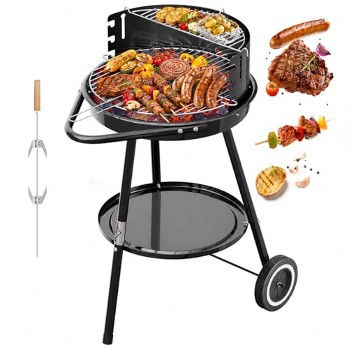 HOMELUX Holzkohlegrill, Holzkohlegrillwagen BBQ Grill, Doppellagiger Grill 39x39+36x14cm, inkl. Rollen, Warmhalterost & Windschutz