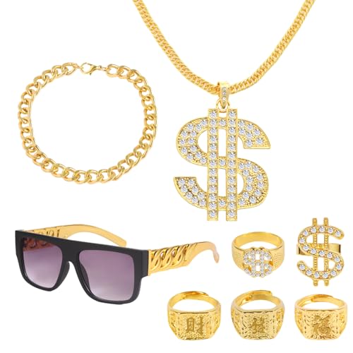 cutlot 9 Stück Zuhälter Kostüm, Hip Hop Rapper Set - Goldkette mit Dollar, Dollar Ringe, Sonnenbrille, Armband, Spielzeugfinger | 80er 90er Jahre Gangster Gang Outfit Herren für Karneval, Mottoparty
