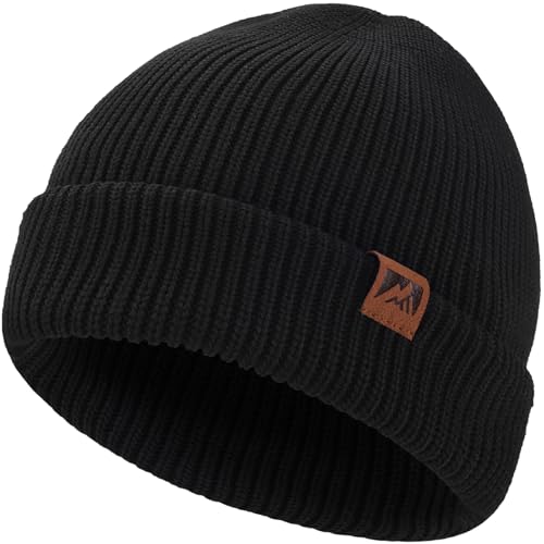 BARFULKER Beanie Mütze Herren Damen Winter, Warme Wintermütze Strickmütze Dehnbare Weiche Skimütze Winddichte Doppellagige Laufmützen Geschenke für Männer Frauen,Schwarz