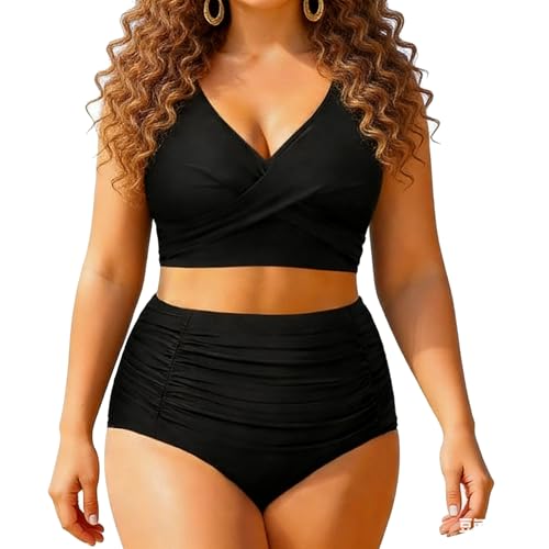 Damen-Bikini-Set in Übergröße mit hohem Bund, 2-teilig, formendes Oberteil und Unterteil, Badeanzug mit austauschbaren Brustpolstern (DE/NL/SE/PL, Alphanumerisch, 5XL, Regular, Regular, Black)