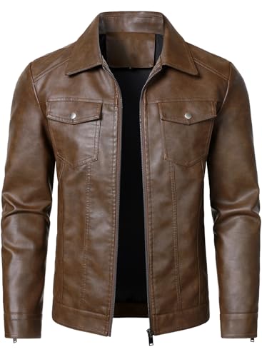 HOOD CREW Herren PU Lederjacke Motorrad Biker Jacken Freizeit Leichte Kunstleder Jacke Dunkelbraun L
