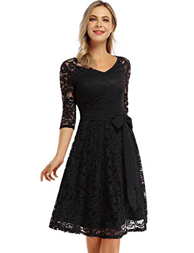KOJOOIN Damen Vintage Kleid Brautjungfernkleid Knielang Langarm Spitzenkleid Cocktailkleid Schwarz XXL