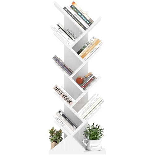 iSunirm Bücherregal Baumform, Standregal Eckregal mit 9 Ebenen, Organizer-Regale, bodenstehendes Bücherregal für Büro, Zuhause, Schule, Regaldisplay für CDs/Zeitschriften/Bücher, Weiß