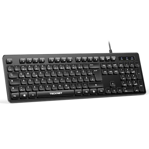 TECKNET Kabelgebundene Tastatur USB, Keyboard Vollgröße mit Nummernblock, Deutsches QWERTZ Layout, Spritzwassergeschützt, Leise PC Tastatur, für PC/Laptop (Windows/Mac) - Schwarz