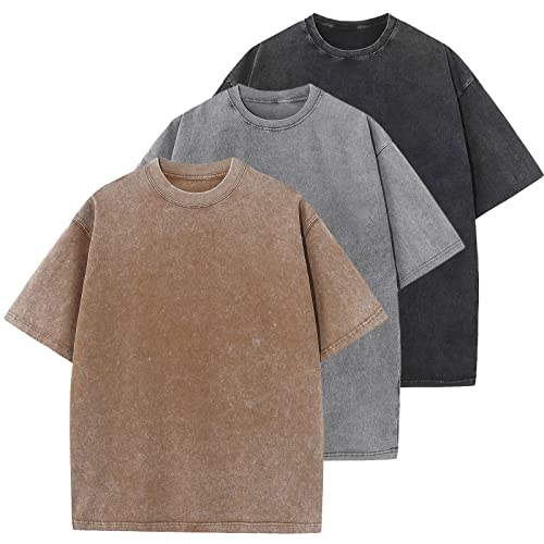 Oversized T-Shirt für Männer, Retro Washed Oberteil Baumwolle Übergröße Unisex Mode Hip Hop Vintage Tshirts(BraunGrauSchwarz L)