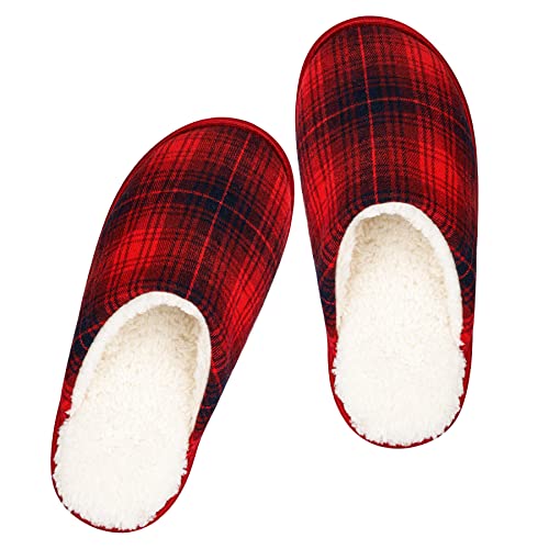 riemot Herren Hausschuhe Warm Plüsch Winter Pantoffeln Weiche Atmungsaktive rutschfeste Slipper für Indoor & Outdoor Schwarz Rot Kariert 44/45 EU