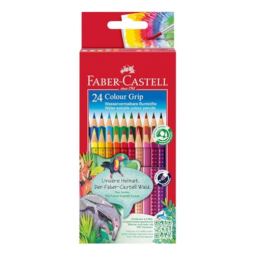 Faber-Castell 112424 Colour Grip Buntstifte für Kinder, 24er-Buntstifte-Set, Malstifte mit Grip und dreieckigem Schaft, wasserlöslichen Pigmenten, leicht auswaschbar und bruchsicher, Schulsachen