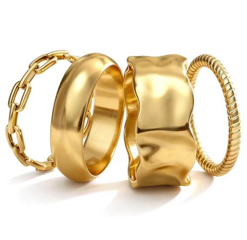 4 Stück Wasserfest Ringe Gold Stapelringe Damen 14K Vergoldet Ringe Set Chunky Dünn Daumenring Fingerring Damen Statement Promise Ring Gold Eheringe Verlobungsring 54mm(17.3mm),US=7 Golden