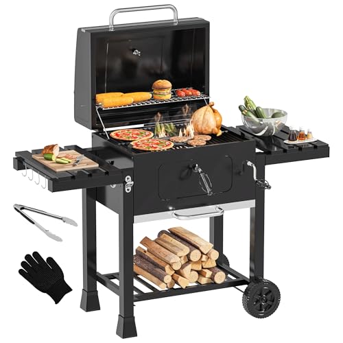 YITAHOME XXL Grillwagen Smoker Holzkohlegrill mit Gusseisenrost & Emaille-Pfanne - Mobiler BBQ Grill für Garten, Camping, Outdoor - Inkl. Thermometer, Küchenzange, Grillhandschuh, Robustes Design