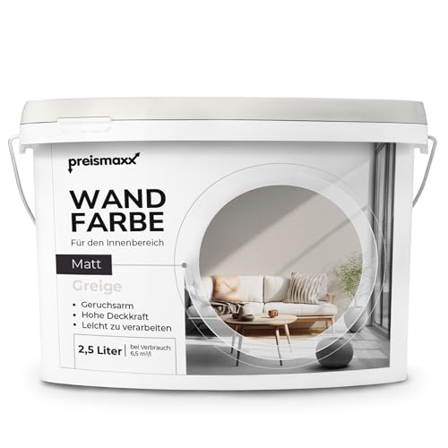 Preismaxx Profiweiß Wandfarbe grau 2,5L, hohe Deckkraft, Dispersionsfarbe innen, Innenwandfarbe Raumfarbe greige deckend, Deckkraftklasse 2, matt Innenfarbe Profi Qualität