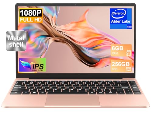 NOTODD 2026 Laptop 14 Zoll Win11 Pro 6GB DDR4 256GB SSD TF Unterstützung 1TB Celeron N4020 (bis 2.8GHz) Full Metal 5000mAh Notebook mit 1080P Mini HDMI Deutscher Tastaturschutz und kabellose Maus-Gold