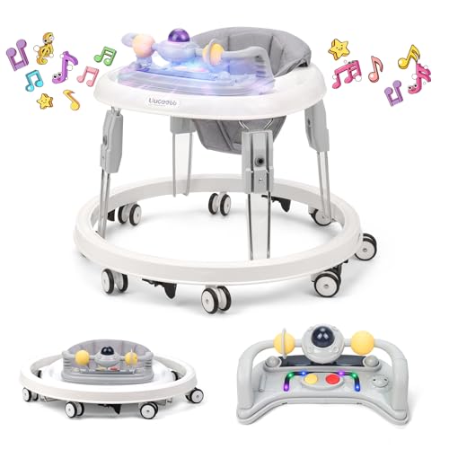 Baby Lauflernhilfe mit Musik und Lichtern, Faltbare Lauflernwagen mit Aktivitätscenter, 7-Gang Höhenverstellung, Anti-Collision Design, Abnehmbarer Platte, Baby Walker von 6-18 Monaten (Grau-Musik)