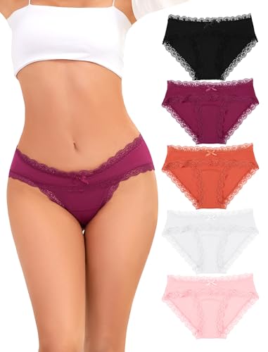 VOENXE Slip Unterhosen Damen,Baumwolle UnterwäSche Frauen,Mit Spitze Weich Panties,Stretch Atmungsaktiv Mehrpack Panty,Women Soft Bequeme Bikini Underwear,5er Pack XS-XXL(62% Baumwolle, 38% Modal)