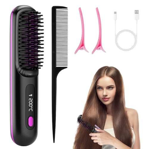 Glättbürste Kabellos, 2026 Neu Haarglätter Bürste, Tragbare Bürste Glätten, Kabellose Glättbürste, HaargläTter Bü-Rste Ka-bellos 160°C-200°C Mit Led Anzeige Und 3 Temperatureinstellung
