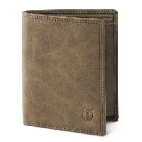 TENBST Geldbörse Herren mit RFID Schutz, Portmonee mit 15 kartenetui, Ausweisfenster & Fotofenster, Münzfach mit Knopf, 2 Geldscheinfächern, Herren Geldbörse mit Geschenkbox – Braun