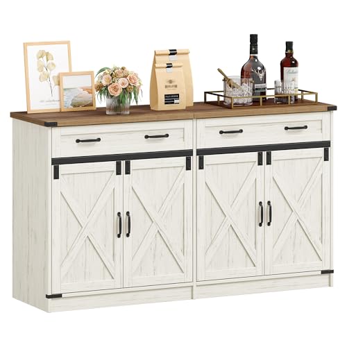 Hzuaneri Küchenschrank, Buffetschrank mit 2 Schublade, Sideboard mit 4 Türen, Verstellbare Einlegeböden, Landhausstil, Küche, Wohnzimmer, 40 x 140 x 80 cm, Vintageweiß-honigbraun, SC94814X