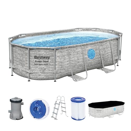 Bestway Power Steel Swim Vista Series Frame Pool Komplett-Set mit Filterpumpe 427 x 250 x 100 cm, Steinwand-Optik (Cremegrau), oval