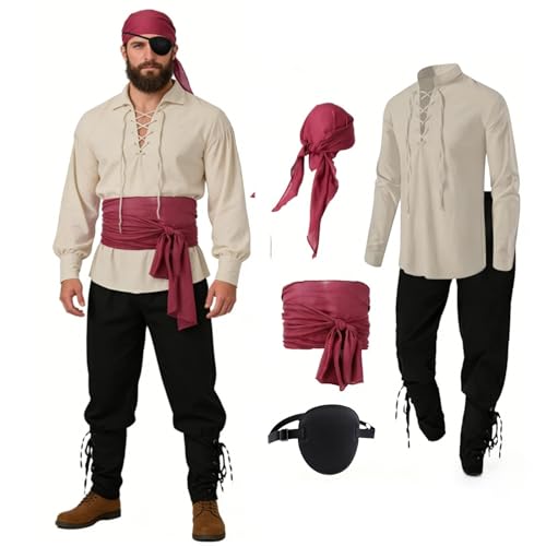 Piratenkostüm Set Piraten Augenklappe Mittelalter Hemd Hose Herren Piratentuch Mittelalter Kostüm Set Faschingskostüme Für Karneval, Halloween und Cosplay Partys