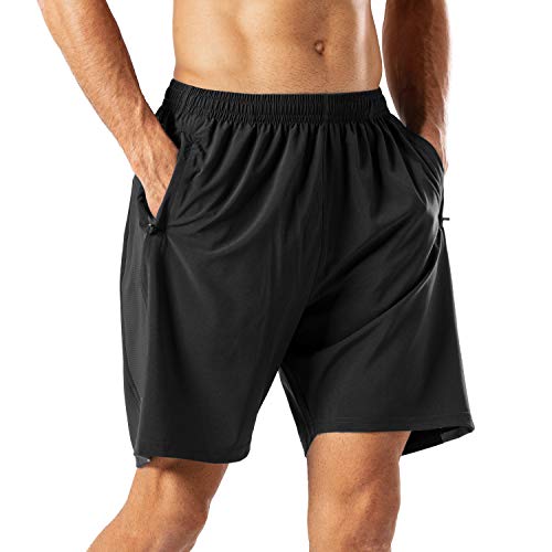 HMIYA Herren Sport Shorts Schnell Trocknend Kurze Hose mit Reißverschlusstasch (Schwarz,L)