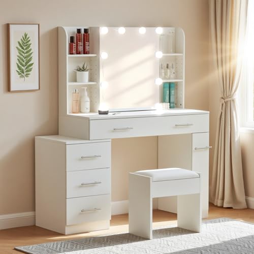 Thanaddo Schminktisch mit Beleuchtung und Hocker, 100×40×136 cm Großer Frisiertisch mit Schiebespiegel, 6 Schubladen, Offene verstellbare Regale, Modern Kosmetiktisch für Schlafzimmer (Weiß)