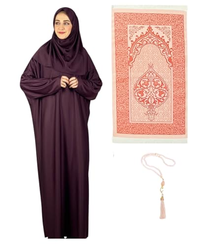 Prien Frauen Gebetskleidung Mit Hijab Gebetsperlen Gebetsteppich, Damen Muslim Kleidung, Islam Abaya Set, Ferace Tesettür Giyim, Islamische Langarm Kleid, Kopftuch, Gebetskleid Für Ramadan (Burgund)