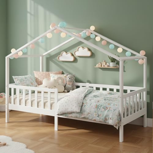 Bellabino Bia Kinderbett 90x200 cm, Hausbett, Weiß, mit Rausfallschutz