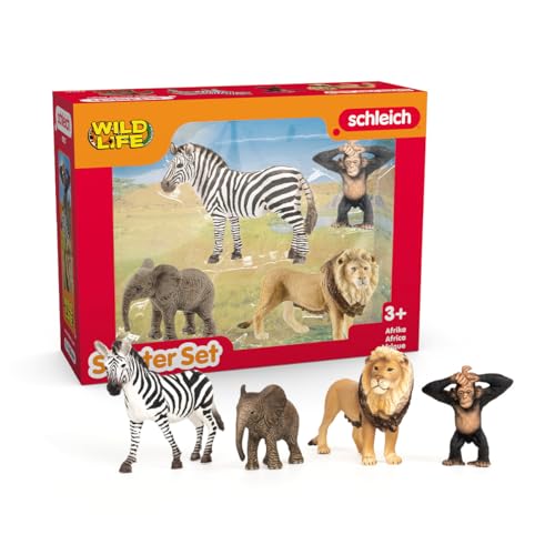 schleich WILD Life | Dschungel Tiere Set Afrika 42721 mit Elefant, Zebra, Löwe und AFFE | tolles Starterset, Zoo Spielzeug oder Safari Deko | Spielfiguren für Kinder ab 3 Jahren | Set aus 4 Teilen