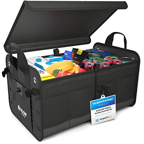 ATHLON TOOLS Premium Kofferraumtasche mit Deckel - 60 Liter XXL Auto Kofferraum Organizer - Extra stabile & wasserfeste Böden - lebensmittelecht - Antirutsch-Klett am Boden