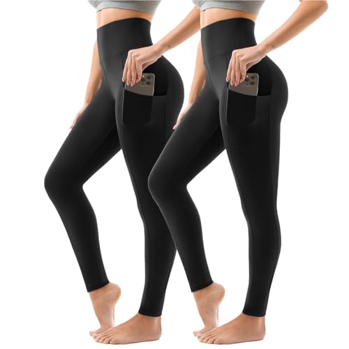 Sanpetix Sport Leggings Damen High Waist, Sporthose Damen Lang Mit Taschen Für Gym Yoga 2er Pack SM Schwarz