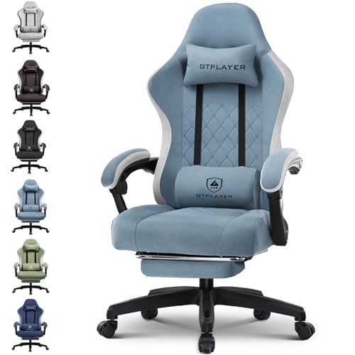 GTPLAYER Gaming Stuhl Ergonomischer Gaming Sessel Schreibtischstuhl mit Stoffoberfläche, Federsitzkissen, Verbindungsarmlehnen und Fußstütze Hellblau