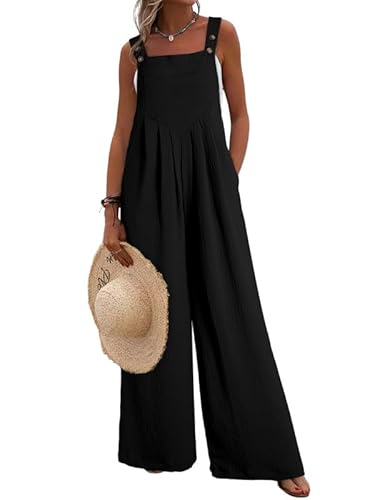 Dokotoo Damen Latzhose Sommer Ärmellos Jumpsuit Casual Lose Overall Baggy Playsuit Romper Leinenhose mit Träger, schwarz, L