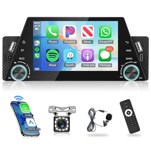 Wireless Carplay Autoradio 1 Din mit Android Auto Bluetooth Freisprecheinrichtung 5 Zoll Autoradio mit Android/IOS Mirror Link Bluetooth FM Radio USB/AUX/Type C/DVR mit Rückfahrkamera Fernbedienungen