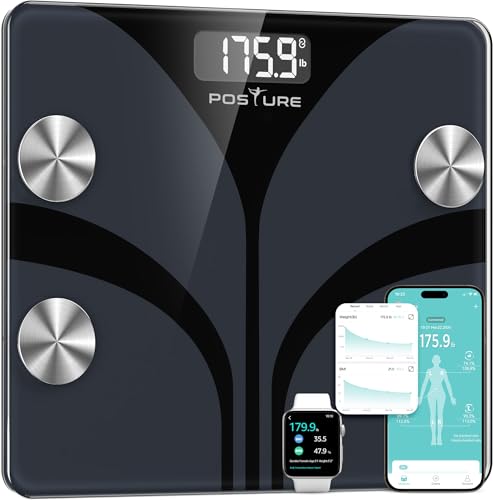 Posture Personenwaage Körperfettwaage Digital mit 13 Messwerten, Gewichtsskala mit BMI-Gesundheitsmonitor, Synchronisierung mit Apps, bis 180 kg