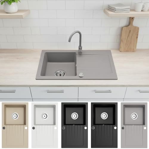 Faizee Home | Granitspüle 75x44 cm Grau | Eckige Küchenspüle & Einbauspüle | Spülbecken Granit für Küche | Beidseitig montierbare Spüle | Einbaugranitspüle ab 45 cm | Inkl. Siphon-Set