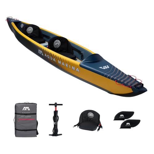 Aqua Marina Tomahawk AIR-K Hochdruck Drop-Stitch Premium Aufblasbares Kajak für 2 Personen 440 cm Länge Marine/Gelb