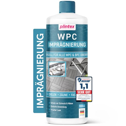 PLINTEX® WPC Imprägnierung farblos 1000ml langanhaltend & wasserabweisend - BPC/WPC Reiniger zur Pflege für Fliesen, Zaun & Terrassendielen - Pflegemittel gegen Wasser, Schmutz & Grünbelag