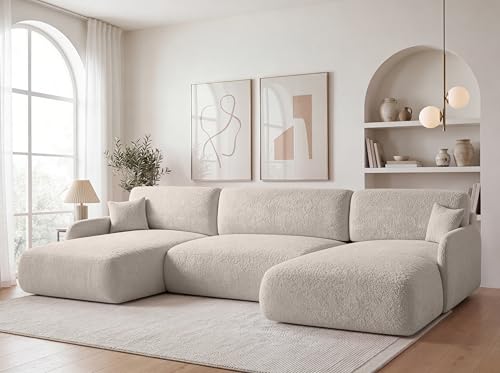 KP-Meble U-Form Wohnlandschaft mit Schlaffunktion 360x175 cm Bouclé Beige – Großes Schlafsofa mit Bettkasten, Moderne Couch mit Stauraum Pierr (Anthology 1)