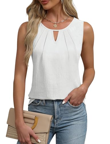 Chicrise Damen Tops V Ausschnitt Tank Oberteile Crew Neck Ärmellos Bluse Keyhole Elegant Weißes X Groß 46-48