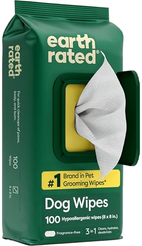 Earth Rated Feuchttücher für Hunde, dicke Pflegetücher auf pflanzlicher Basis zur einfachen Anwendung an Pfoten, Körper und Hintern, unparfümiert, 100 Stück