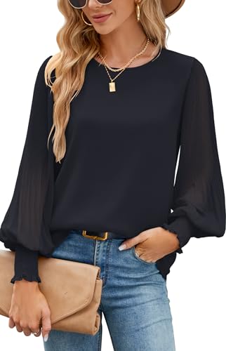 Odosalii Damen Bluse Schwarz Luftig Langarm Shirt Elegant Musselin Chiffon Blusen für Arbeit Business Beerdigung Formale Herbst Oberteile Longbluse Langarmshirt