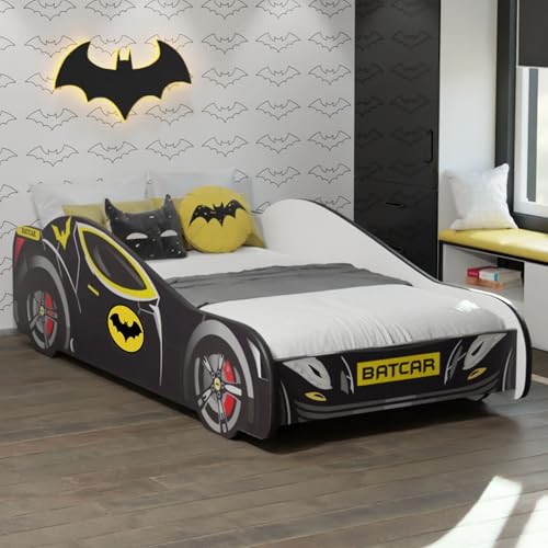 Kids Collective Autobett 80x160 cm Kinderbett Jugendbett mit Rausfallschutz | Kinder Spielbett Batman Batmobil Bat Car Auto Bett in schwarz optional mit Matratze | von 3. bis 10. Lebensjahr