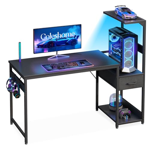 Coleshome Gaming Tisch mit LED-Beleuchtung,120×48cm Gaming Schreibtisch mit Schubladen und Regal, Umkehrbarer Computertisch mit Kopfhörerhalterung, Carbon Fiber Schwarz
