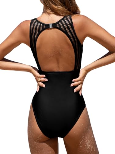 CUPSHE Damen Badeanzug High Neck Bauchweg Raffung Netzstoff Rückenfrei Elegant Einteilige Bademode Swimsuit Schwarz L