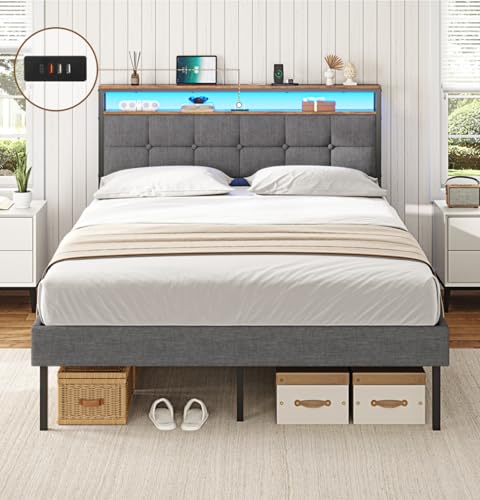 AOGLLATI Polsterbett 140x200 mit Lattenrost aus Metall Bettgestell mit LED-Beleuchtung und Steckdosen Bett mit Stauraum MetallBett mit Kopfteil Doppelbett Bettrahmen mit USB-Anschlüssen