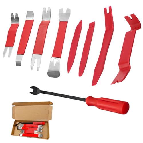 DIFLAX 9 Sätze Auto Demontage Werkzeuge Auto Reparatur Abbauwerkzeug Set 5 Metall Hebelwerkzeug+4 Kunststoffhebel Automotive Reparatur Set Kfz Trim Tool Kit für Autotür Türverkleidung Platten (Rot)