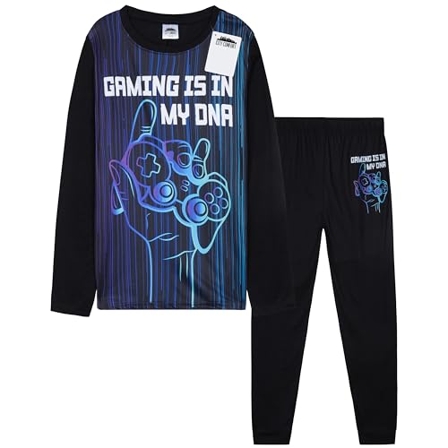 CityComfort Schlafanzug Jungen Lang Weich und Warm Pyjama Set mit Coolen Designs Gamer Lounge Wear Geschenke für Jungs Teens (9-10 Jahre, Schwarz/Blau Gaming)