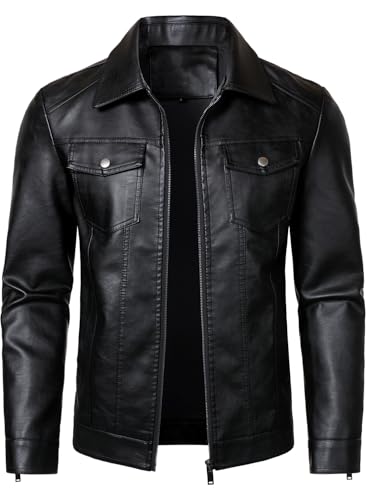 HOOD CREW Herren PU Lederjacke Motorrad Biker Jacken Freizeit Leichte Kunstleder Jacke Schwarz M