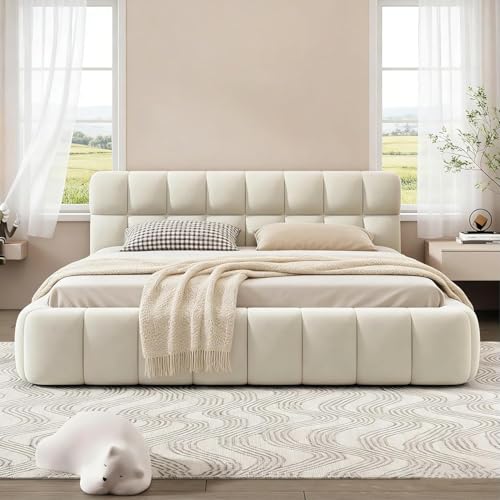 BRILVERDE Polsterbett 140x200 cm Bubble Bett, Doppelbett mit Weiches Kopfteil, Jugendbett, Bettgestell mit Lattenrost, Leinen, ohne Matratze (Beige, 140 x 200 cm)
