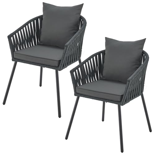 Juskys Rope Gartenstühle 2er Set wetterfest - bis 160 kg belastbar - Sitz- & Rückenkissen aus Polyester - 2 Stühle aus Stahl & Polypropylen für Garten, Terrasse & Balkon - Dunkelgrau