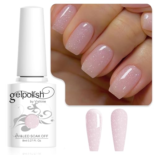 Vishine Semi-permanenter Gel-Nagellack Transparent Glitzer Rosa Nude, Jelly Milky Glitter Nagellack Soak-Off UV LED Nude Für Nagelstudio DIY Zuhause 8ml